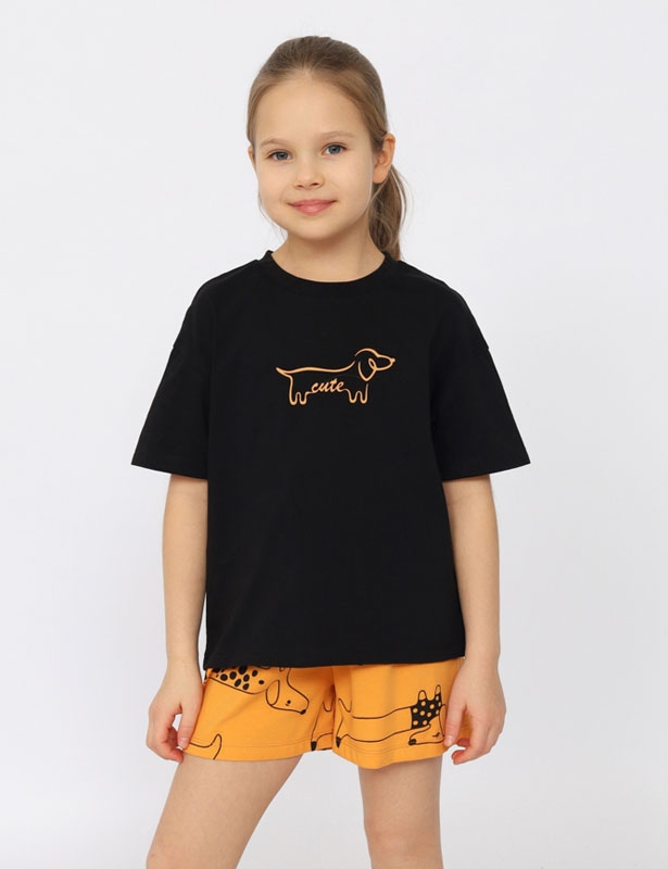 CSJG 50172-22 Пижама для девочки (футболка, шорты) (Черный (140)-72)