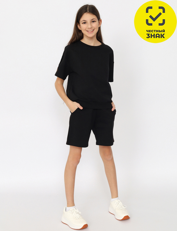 CSJG 90240-22-394 Комплект для девочки (футболка, шорты) (Черный (152)-80)