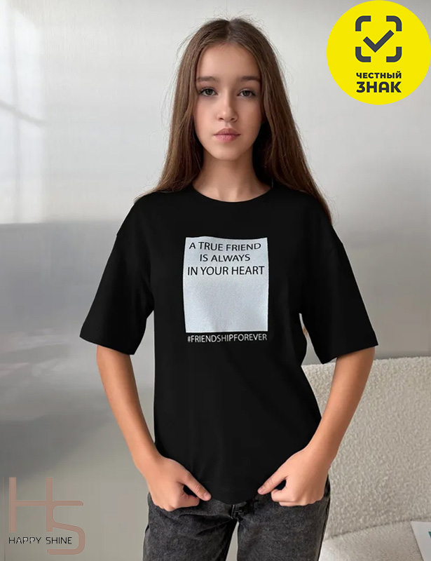 6009HW-22K-7 Футболка для девочки (Черный (146)-76)