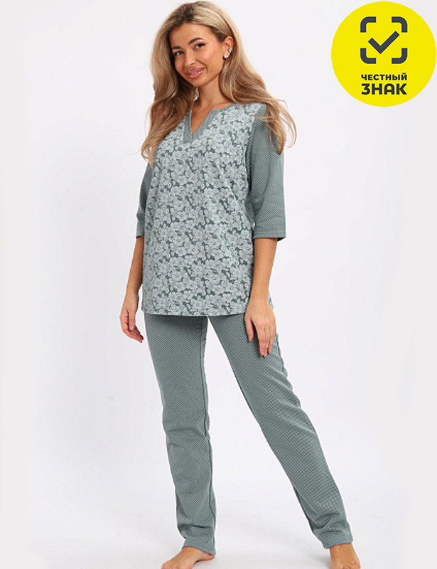 01059 Пижама с брюками футер с начёсом (Зеленый, 48)